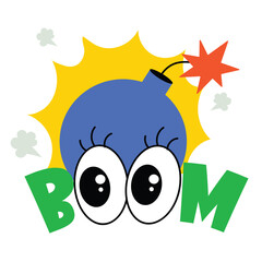 Cartoon Blue Bomb With Big Eyes And Boom Text On Transparent Background
