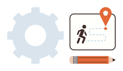 Fototapeta premium Gear, map with runner and route to location pin, pencil. Ideal for strategy, planning, direction, goals, workflow efficiency problem-solving. Simple flat metaphor