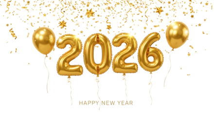 Golden 2026 balloon numbers with confetti