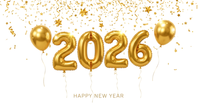 Golden 2026 balloon numbers with confetti