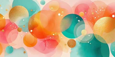 Colorful transparent circles and gold dots in watercolor digital art composition