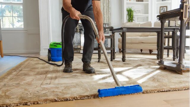 Cleanup crew member performing water removal on a carpeted floor using advanced equipment to combat water infiltration and prevent mold.