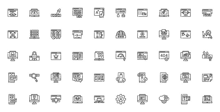 Web design icon set. Vector UI UX icons pack. Includs symbols for responsive dsign, SEO, dashboard, ecomerce, user experience, HTM, CSS and more. Editable sroke.