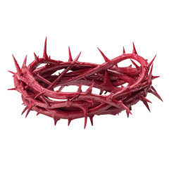Obraz premium A symbolic crown of interwoven red thorns with sharp spikes isolated on a white background