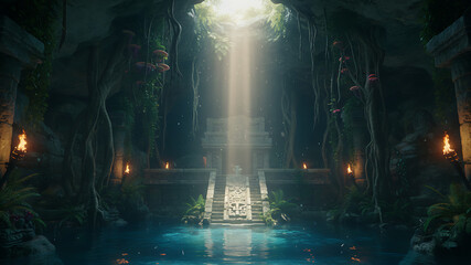 A mystical stone corridor leading to an ancient temple is illuminated by dramatic sunbeams piercing through the forest canopy above. The scene blends spirituality, nature, and mystery.