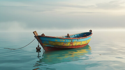 Fototapeta premium A vividly painted wooden fishing boat floats gently on calm waters during a peaceful coastal moment. Its bright colors contrast beautifully with the serene seaside environment, perfect for travel.