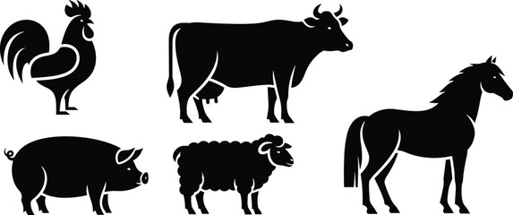 Farm animal silhouettes, livestock vector set, black animal shapes, rural agriculture design, domestic animals illustration, pig cow horse sheep rooster