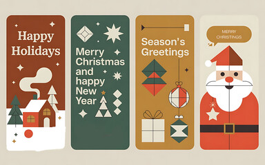 Christmas and Happy Holiday Card Set with Santa Claus and Winter Cabin