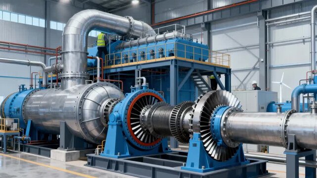 Midrange view of a modular binary cycle power plant assembly highlighting interchangeable components and secondary fluid turbines optimizing renewable energy output in an