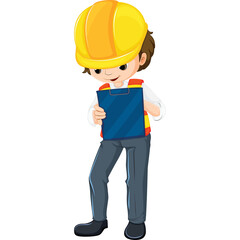 Cartoon construction worker boy wearing yellow helmet and safety vest holding clipboard and looking down with brown hair and blue eyes on transparent background