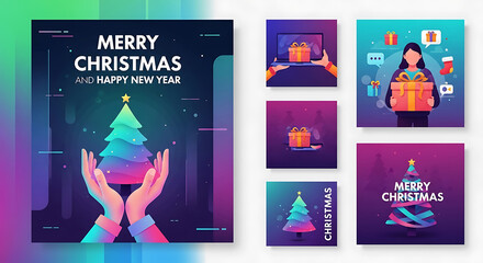 Colorful Gradient Merry Christmas and Happy New Year Vector Set with 3D Tree on Hands