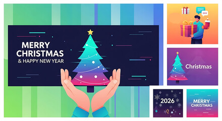 Modern Gradient Christmas and New Year Vector Template Set with Holding Hands and Tree