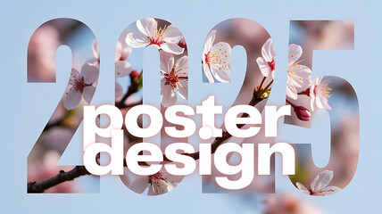 2025 Poster Design Typography with Cherry Blossom Flower Fill and Blue Sky Background