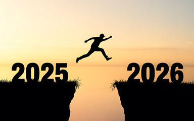 Jumping into 2026: Silhouette of Man Leaping Over Cliff Gap at Sunset