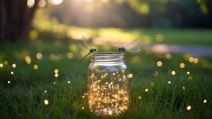 Magical firefly jar with dragonflies and bokeh lights