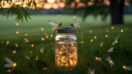 Enchanted firefly jar: magical summer night glow in grass