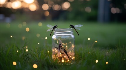 Enchanting firefly jar with dragonflies in golden hour garden