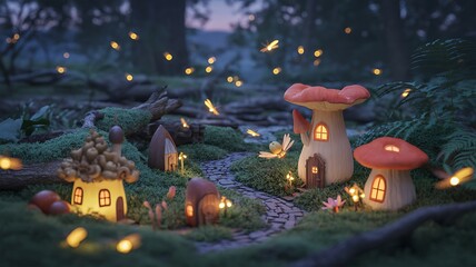 Enchanted mushroom village: fireflies and glowing fairy houses
