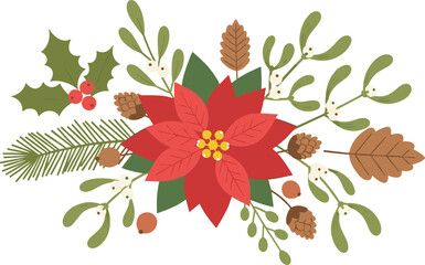 Festive poinsettia floral arrangement, holiday botanical design, pinecone, holly, mistletoe, winter greenery vector, seasonal decoration clipart, Christmas art