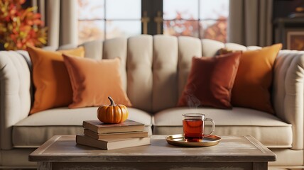 Autumn hygge comfort: cozy living room, pumpkin, books & tea