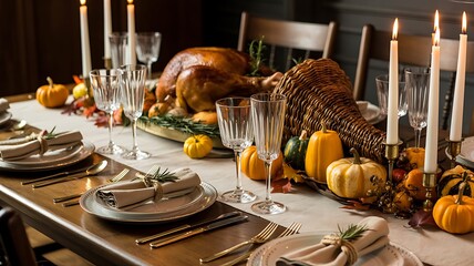 Thanksgiving feast: roasted turkey, cornucopia & fall dinner table