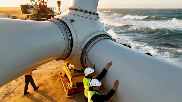 Medium shot of technicians guiding wind turbine tower sections into place on a coastal site with ocean waves visible in the background.