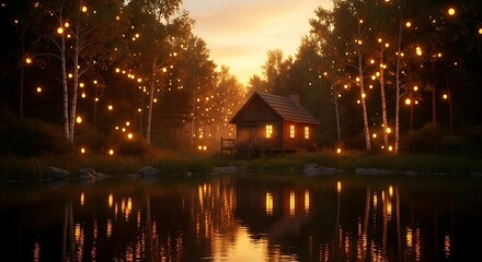 Magical sunset cabin by lake with fairy lights in enchanted forest