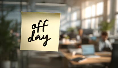 Sticky note reading off day is attached to glass wall in modern office space, suggesting carefree, relaxed atmosphere during a break from work.