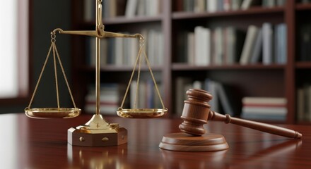 Law and Justice Symbols: Gold Scale of Justice and Wooden Gavel Resting on a Polished Wooden Desk with Blurred Library Background for Legal Professions and Authority
