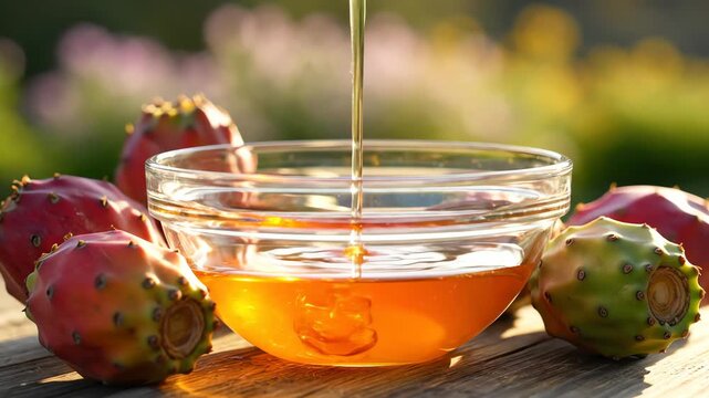 Golden Liquid Being Poured into a Clear Glass Bowl Amidst Prickly Pear Fruits Outdoors