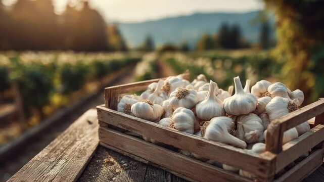 Garlic bulbs spilling from wooden crate, on a rustic table, farm path in background