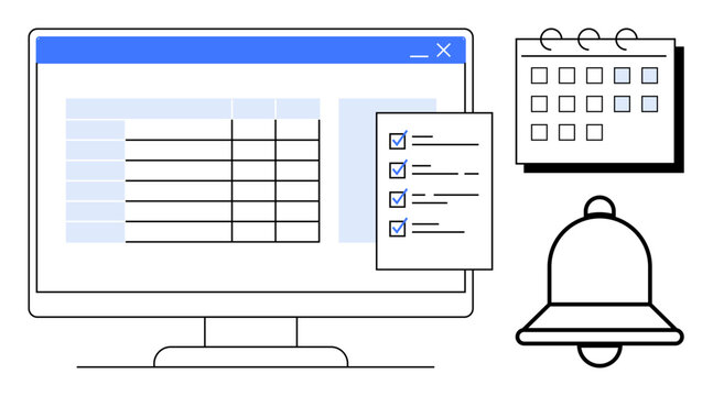 Computer screen showing a table, checklist with tick marks, calendar, and notification bell. Ideal for productivity, planning, organization, task tracking, reminders time management and scheduling