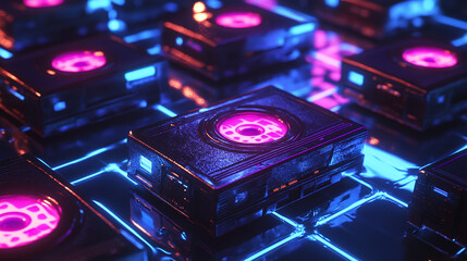80s-style cassette tapes with colorful, vibrant labels, floating across a glowing, neon-infused grid, capturing the essence of retro audio technology and pop culture in a vivid and energetic design.