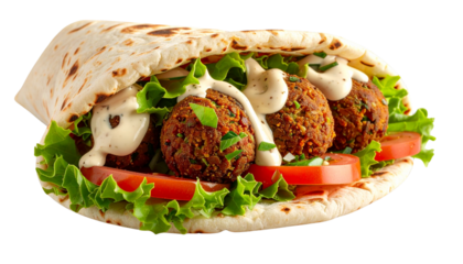 Fresh Falafel Pita Wrap – Side View with Lettuce and Tomatoes PNG