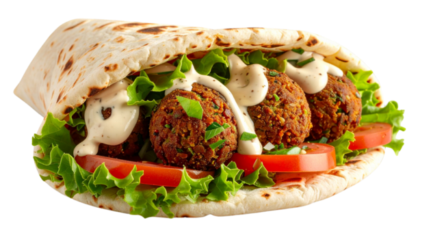 Fresh Falafel Pita Wrap – Side View with Lettuce and Tomatoes PNG