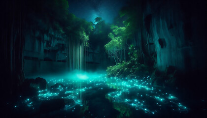 A captivating glowing waterfall flows through a mystical forest, casting a soft, magical light. The serene atmosphere and vibrant colors make this image perfect for fantasy, nature, and magic-themed p