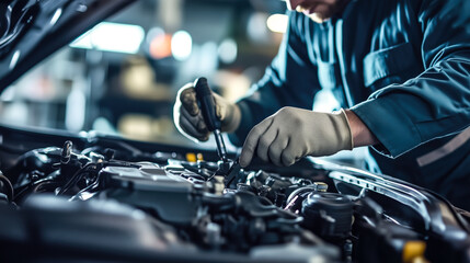 A car mechanic technician repairs a car in an auto repair shop. Generative AI.