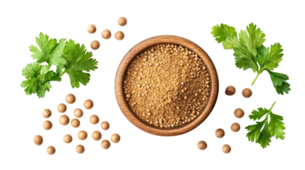 Bowl of fenugreek seeds with coriander leaves isolated on transparent background