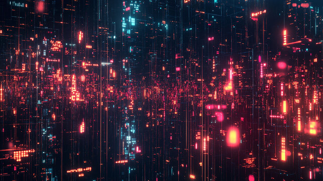 90s-style retro grid with dark, saturated colors and pixelated neon lights, creating an 8-bit world effect with gridlines stretching infinitely