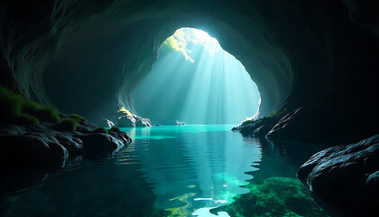 A captivating cavern with crystalline waters illuminated by beams of sunlight. The serene atmosphere and glowing reflections create a magical and tranquil environment, perfect for fantasy and nature.