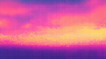 90s pixelated grid background with a vibrant sunset gradient in electric pink, orange, and purple, featuring a retro grid pattern stretching into the horizon, reminiscent of old-school digital art.