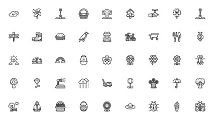 Spring icon set. Vector illustration pack. Includes unny, rainy, picnic, gardeing, flowers, butterfly, be, rainbow, easter egg andmore. Editable stroke.