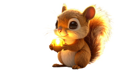  Fluffy 3D Cartoon Squirrel with Glowing Acorn – Sitting Pose PNG