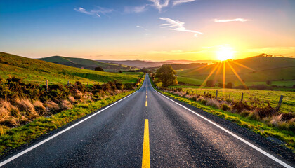 Scenic asphalt road leading to sunrise, beautiful countryside landscape, travel concept
