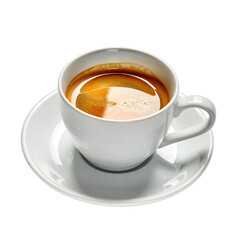 Naklejka premium White ceramic cup filled with dark espresso coffee and crema on a matching saucer isolated on black background with studio lighting