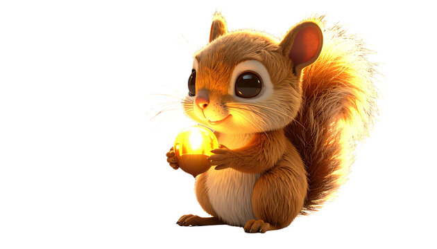 Fluffy 3D Cartoon Squirrel with Glowing Acorn – Sitting Pose PNG