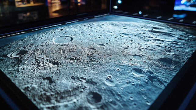 A 3D holographic display showing a map of the moon’s surface, with landing sites, craters, and exploration routes, demonstrating advancements in space mapping and lunar exploration technology.