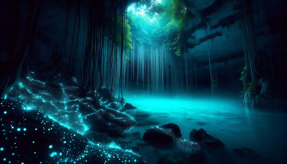 A magical forest scene with a glowing waterfall and mist that creates an ethereal atmosphere. The soft light and mist give the landscape a surreal, dreamlike quality, perfect for fantasy content.