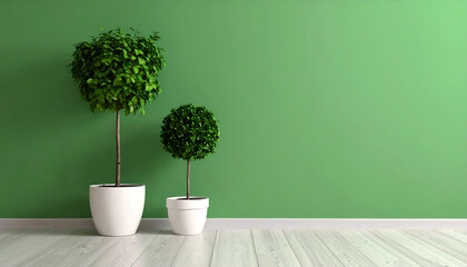 Minimalist Interior Design with Potted Trees against Green Wall and Wooden Floor