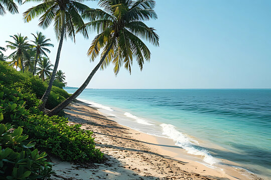 A stunning, sun-drenched tropical beach with leaning palm trees, white sand, and vibrant turquoise ocean water.